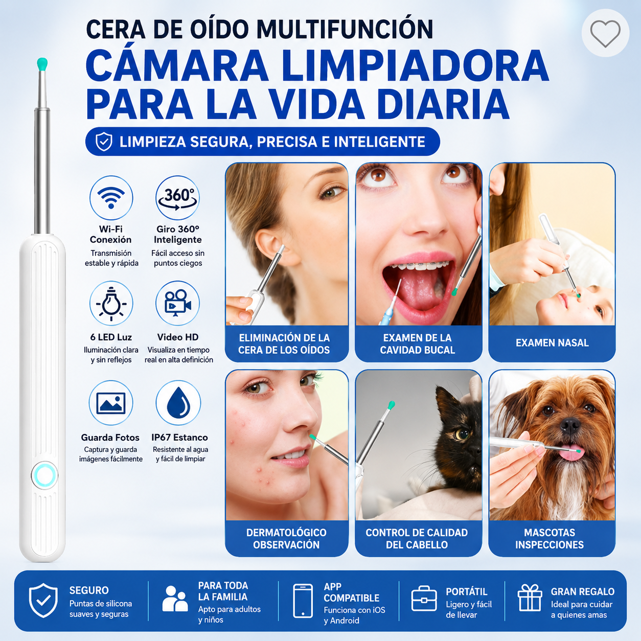 Kit Limpiador de Oídos Espiral con Cámara Endoscopio – Quita Cerilla Blanco/Negro ⭐⭐⭐⭐✩ 450