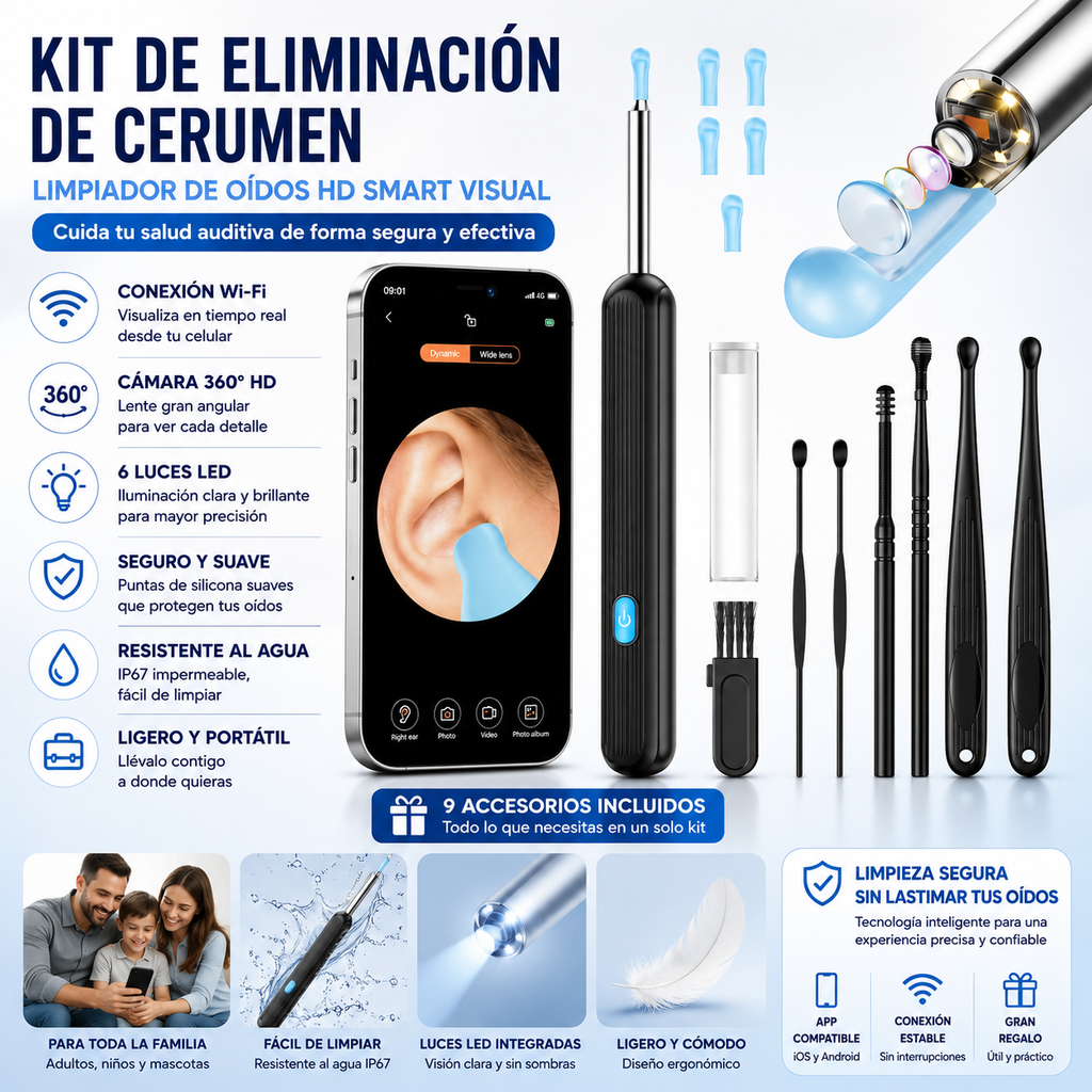 Kit Limpiador de Oídos Espiral con Cámara Endoscopio – Quita Cerilla Blanco/Negro ⭐⭐⭐⭐✩ 450